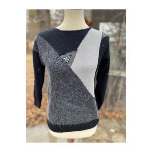 80s Crew Sweater Private Party Silk Angora Color Block Black Grey Sz S